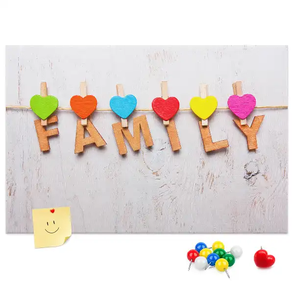 Family cork memo board with lettering