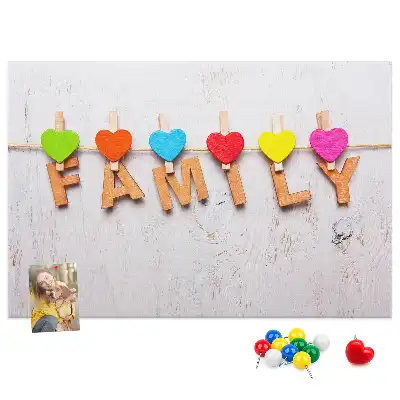 Family cork memo board with lettering