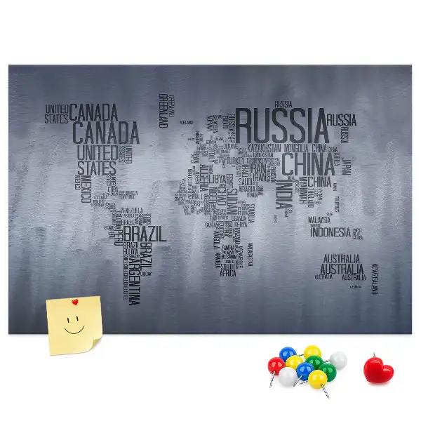 World Map Typography Cork Memo Board