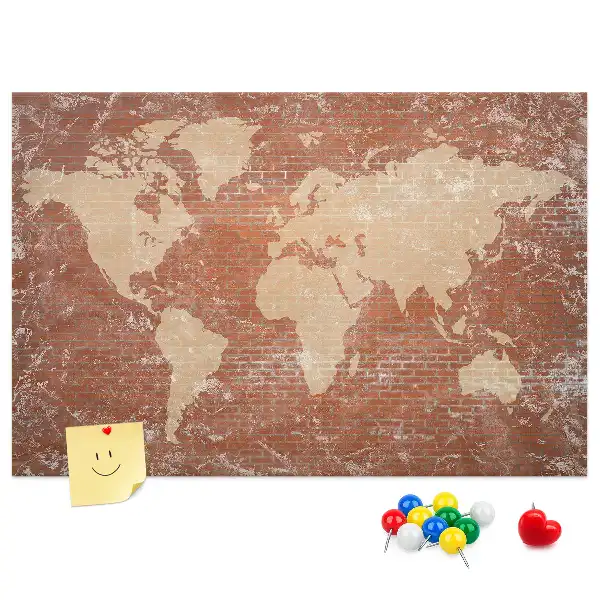 Printed World Map on Cork Board with Brick Pattern