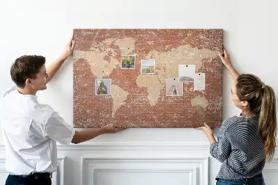 Printed World Map on Cork Board with Brick Pattern