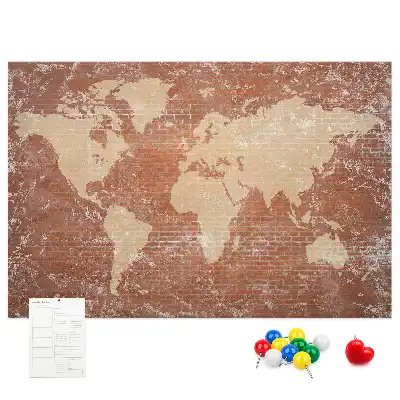 Printed World Map on Cork Board with Brick Pattern
