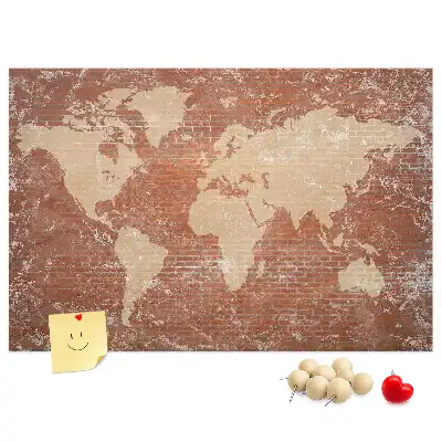 Printed World Map on Cork Board with Brick Pattern