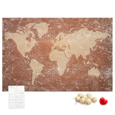 Printed World Map on Cork Board with Brick Pattern