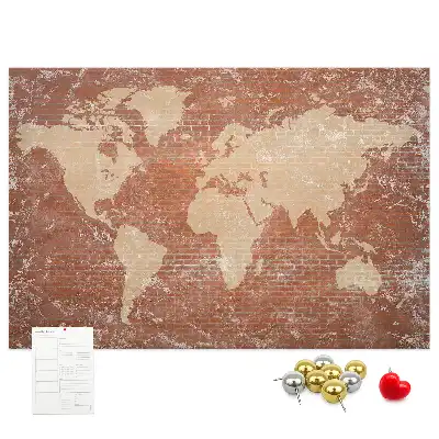 Printed World Map on Cork Board with Brick Pattern