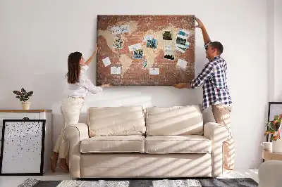 Printed World Map on Cork Board with Brick Pattern