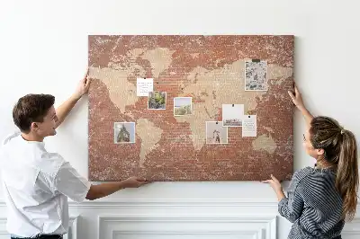 Printed World Map on Cork Board with Brick Pattern