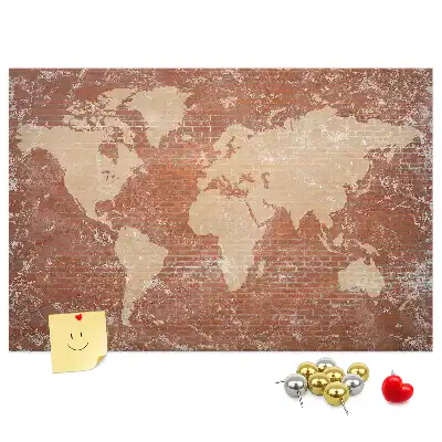 Printed World Map on Cork Board with Brick Pattern