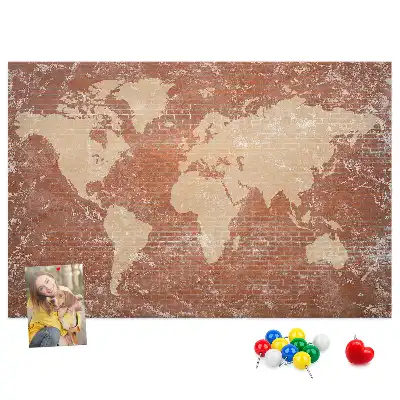 Printed World Map on Cork Board with Brick Pattern