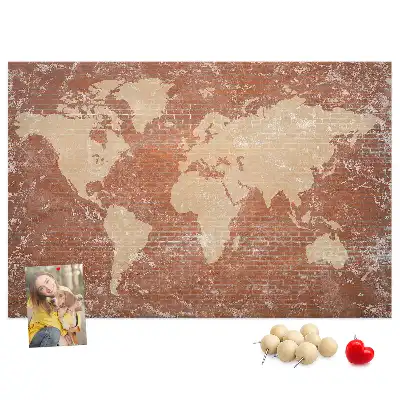 Printed World Map on Cork Board with Brick Pattern