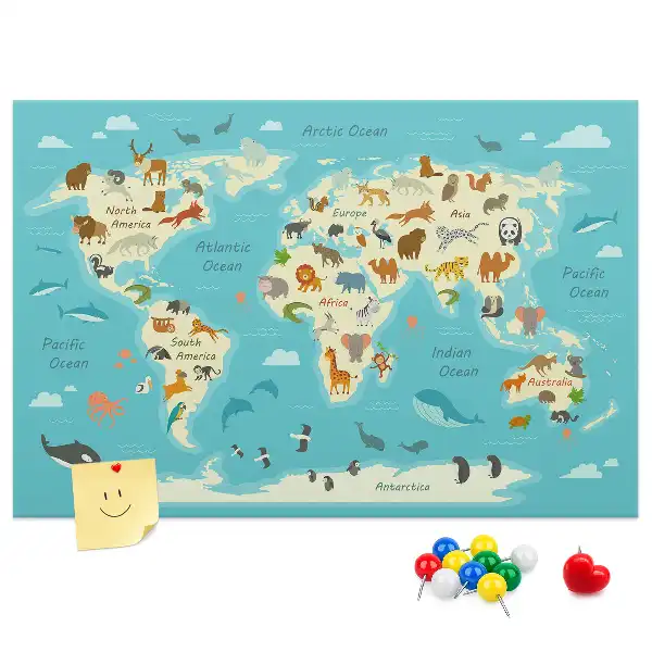 Printed Animal World Map Cork Memo Board