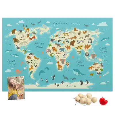 Printed Animal World Map Cork Memo Board