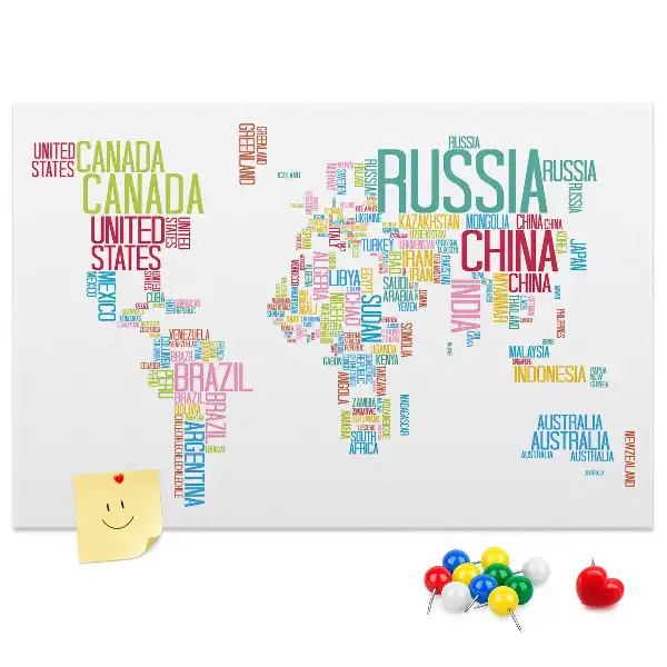 Printed Cork Memo Board Featuring a Map of Country Names