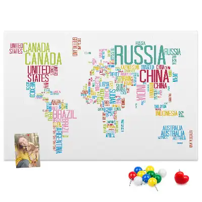 Printed Cork Memo Board Featuring a Map of Country Names