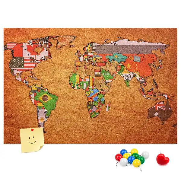 World Map Printed Cork Memo Board with Flags