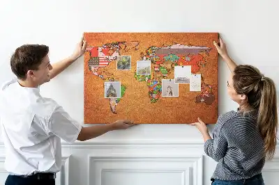 World Map Printed Cork Memo Board with Flags