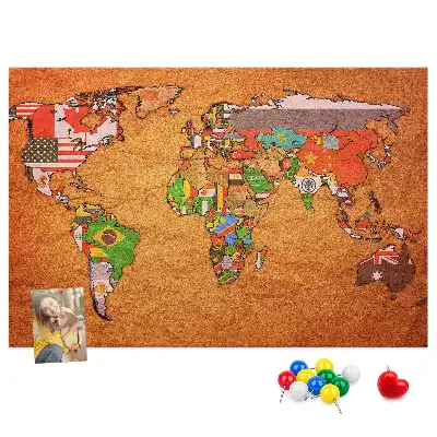 World Map Printed Cork Memo Board with Flags