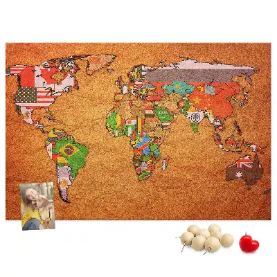 World Map Printed Cork Memo Board with Flags