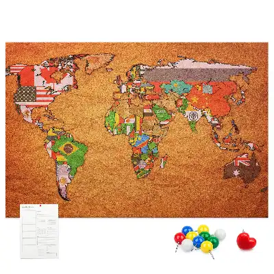 World Map Printed Cork Memo Board with Flags