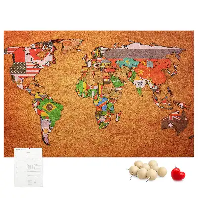 World Map Printed Cork Memo Board with Flags
