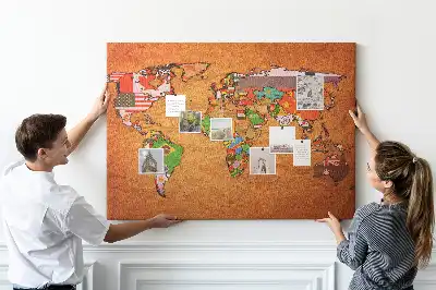 World Map Printed Cork Memo Board with Flags