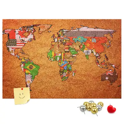 World Map Printed Cork Memo Board with Flags