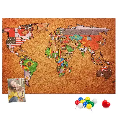 World Map Printed Cork Memo Board with Flags