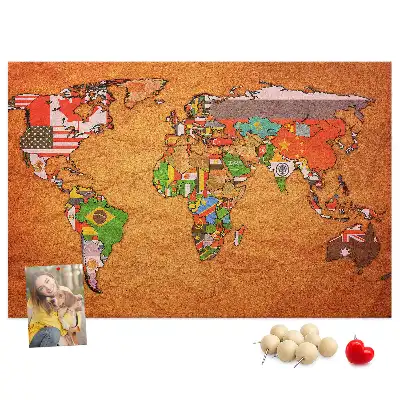 World Map Printed Cork Memo Board with Flags