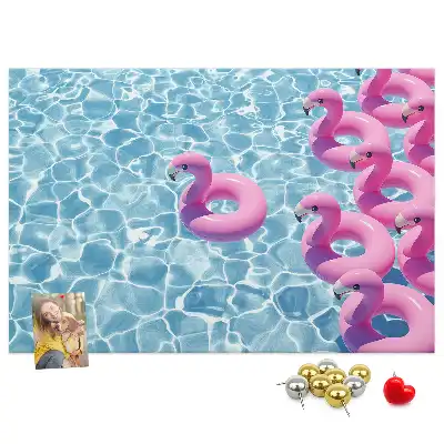 Cork memo board featuring dandelions and flamingos