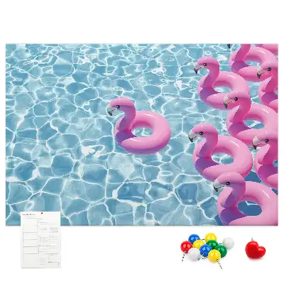 Cork memo board featuring dandelions and flamingos