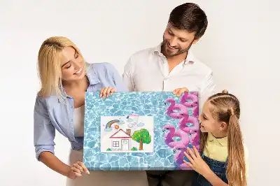 Cork memo board featuring dandelions and flamingos