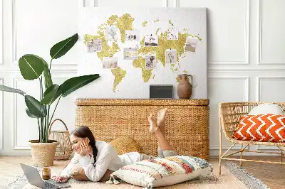 Gold World Map Printed Cork Board