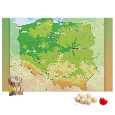 Printed Cork Memo Board with Physical Map of Poland