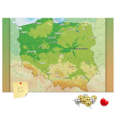 Printed Cork Memo Board with Physical Map of Poland