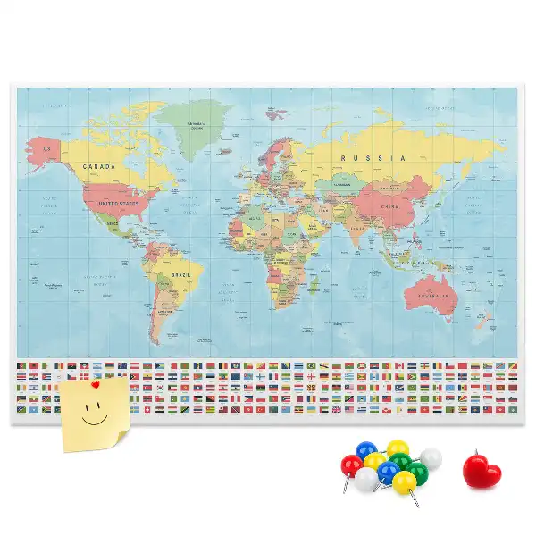 World Map Printed Cork Memo Board
