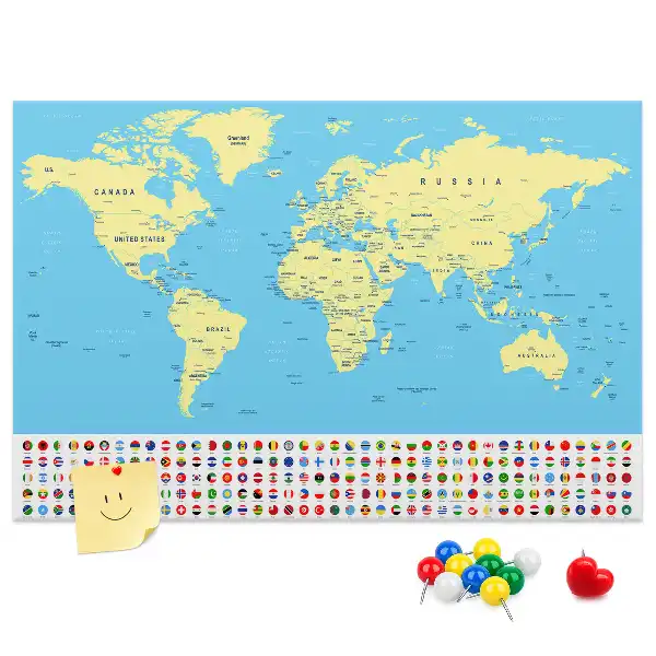 Classic world map cork memo board