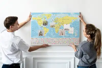 Printed cork board world map with flags