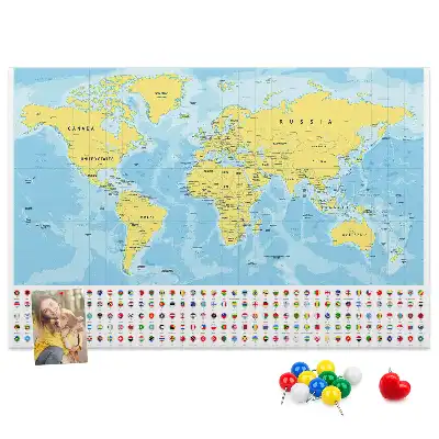 Printed cork board world map with flags