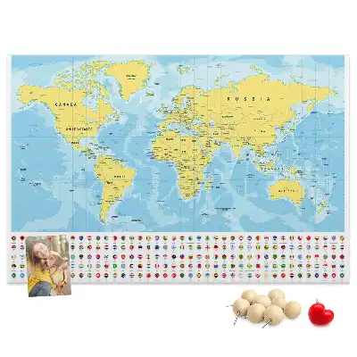Printed cork board world map with flags