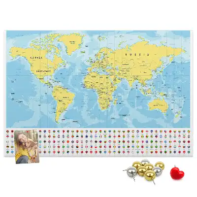 Printed cork board world map with flags