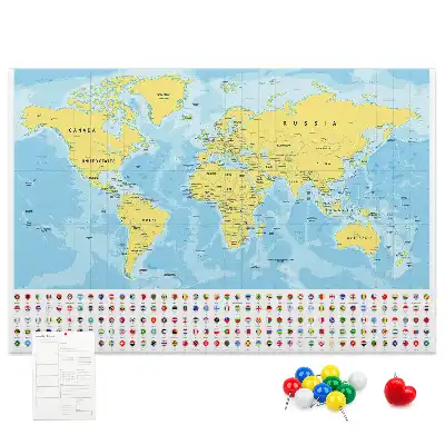 Printed cork board world map with flags