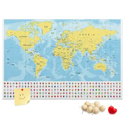 Printed cork board world map with flags