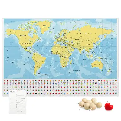 Printed cork board world map with flags