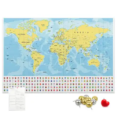 Printed cork board world map with flags