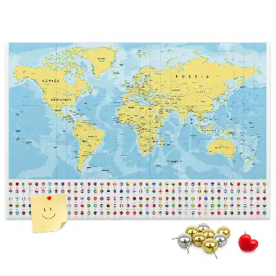 Printed cork board world map with flags