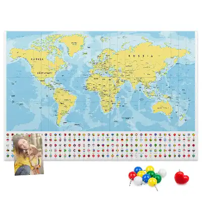 Printed cork board world map with flags