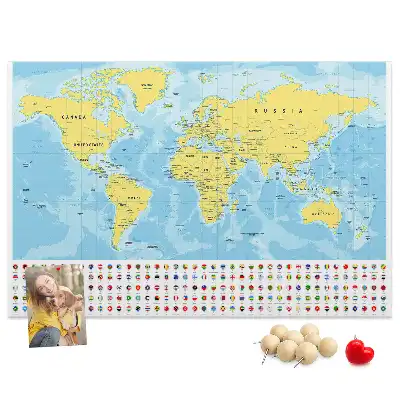 Printed cork board world map with flags