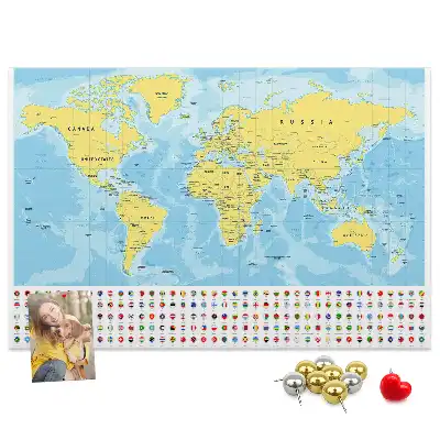 Printed cork board world map with flags