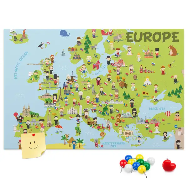 World Map Printed Cork Memo Board with Flags