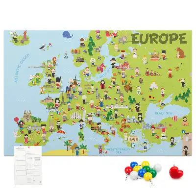 World Map Printed Cork Memo Board with Flags